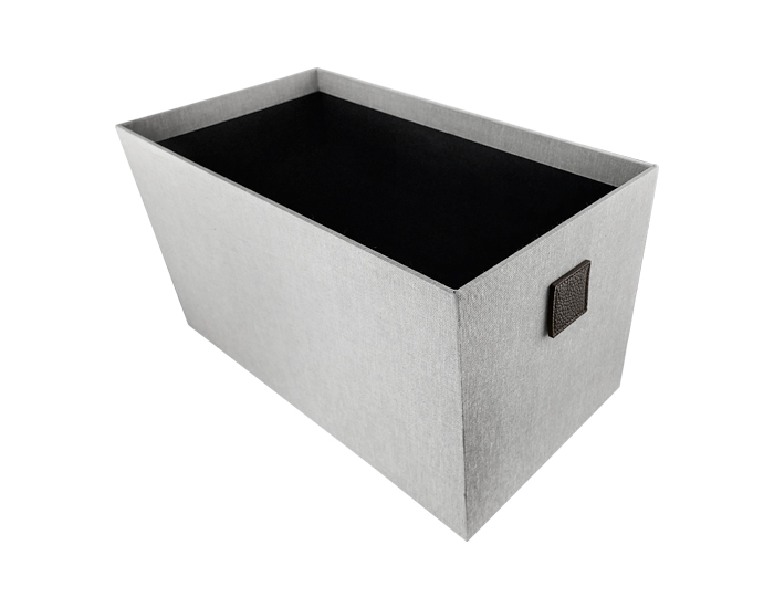 CAJA ORGANIZADORA HIGH CUBIERTA CON TELA GRÍS LINO Y CON LENGÜETA DE CUERO